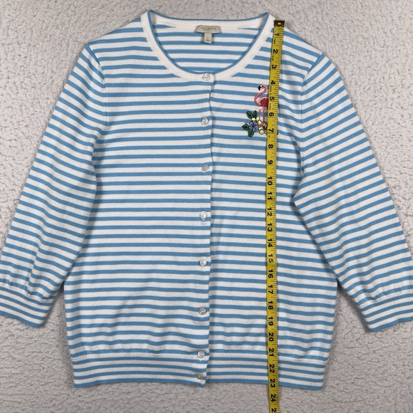 Talbots Sweater Womens Large White Blue Stripes 3/4 Sleeve Cardigan Flamingo - Picture 9 of 11